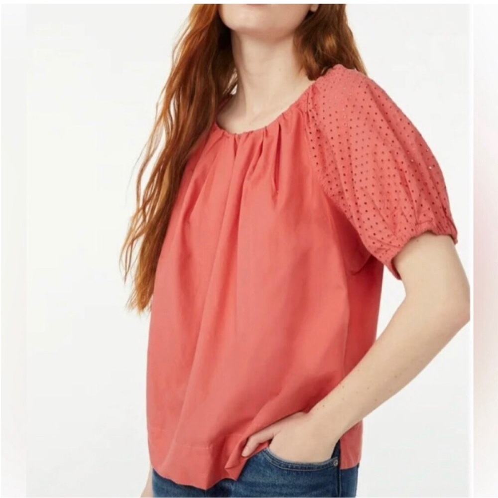 NWT Coral Red Puff Eyelet Sleeve Women's Cotton Top Blouse Size Small